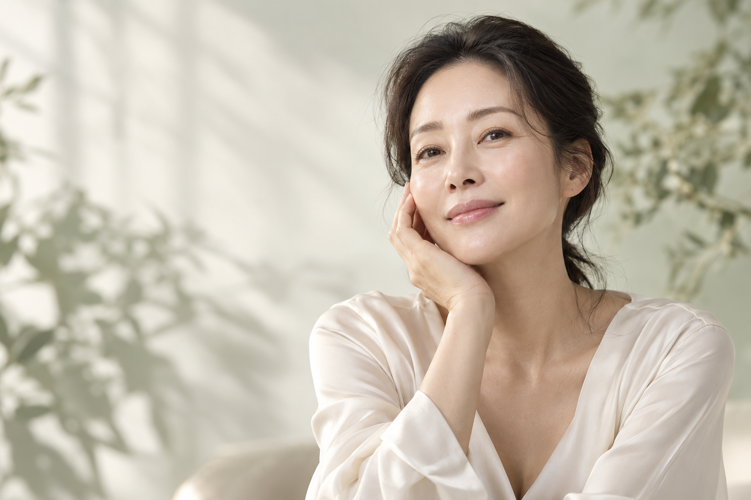 아이보리 의상을 입고 볼에 손을 댄 자연스러운 피부의 여성 모델